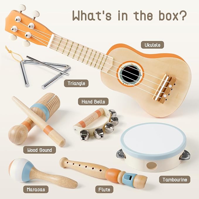 Kids Guitar Set - Toys for 2 3 Year Old Boy & Girls Birthday Gifts, 7 in 1 Montessori Musical Instruments for Toddlers 2-4, Musical Band Sets with Ukulele/Flute/Tambourine/Maracas Toys for Kids 3-5