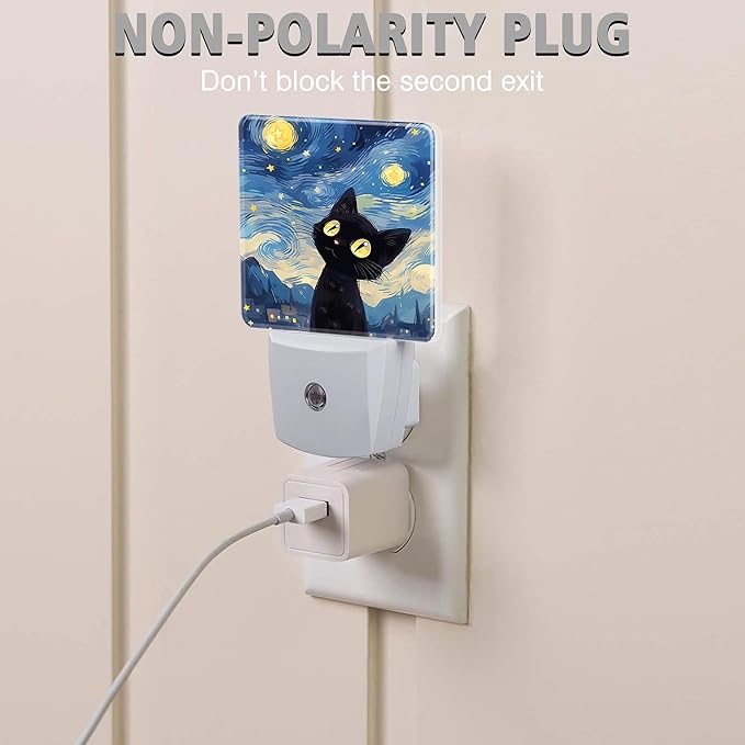 Starry Night Black Cat Night Lights Plug into Wall for Girls Boys Room, Night Lights LED Lamp with Dusk to Dawn Sensor Nightlight for Bedroom Kitchen Bathroom Hallway Home Wall Decor
