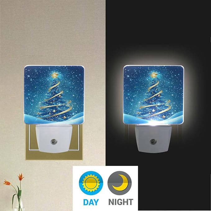 Aslsiy Night Light for Kids Blue Snow Christmas Tree Plug in Wall Lamp LED Dusk to Dawn Sensor Energy Saving Nightlight for Boys Girls Men Women