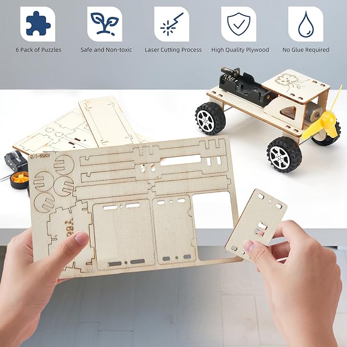 6 in 1 STEM Toys for Kids Age 8-10, Wooden Science Experiments Building Toy for Boys and Girls, Model Car Kit, Wooden 3D Puzzles, Xmas Birthday Gifts for 6 7 8 9 10 11 12 Year Old