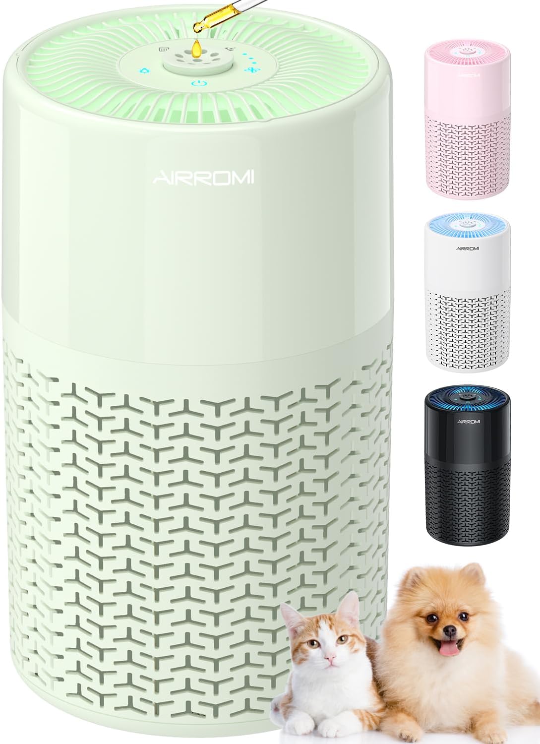 AIRROMI Pets Air Purifier for Home Allergies,Up to 660 ft².Yellow Deodorizing Activated Carbon Filter,With Fragrance Sponge for Better Sleep,Night Light,Pet Dander,Smoke,Odors,Air Cleaner A2002 Green