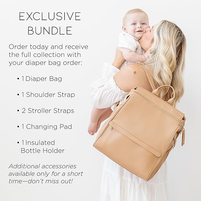 MIA + SOPHIA Leather Diaper Bag Backpack with USB Charging Port, Changing Pad, Stroller Straps, Bottle Holder (Brown Sophia)