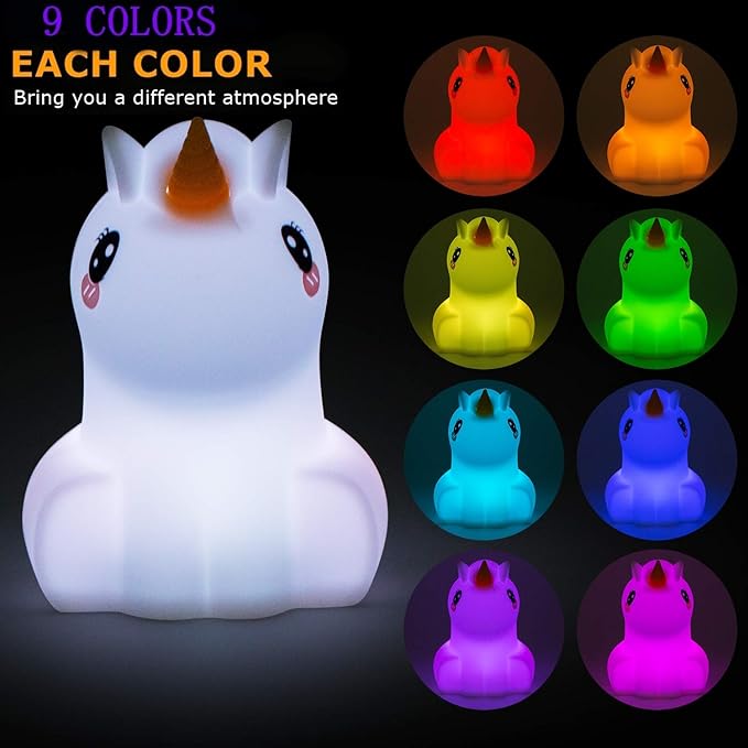Large Unicorn Night Lights for Kids, 9 Colors silicone Bedside Table Lamps Baby Bedroom Lighting Nursery Children Tap lamp for Toddlers Boys Girls Adults Student Elder Bathroom Outdoor - Large