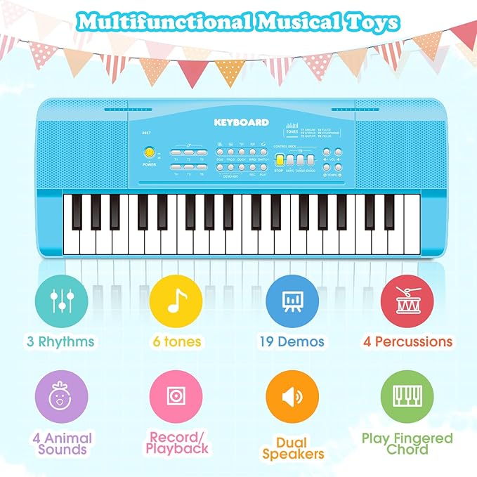Toy Piano Keyboard for Kids Upgrade Electric Pianos Toys for 3 4 5 6 7 8 Year Old Girls Boys Beginners Keyboards with Microphone Toy for 3+ Year Old Kid Gifts (Blue)