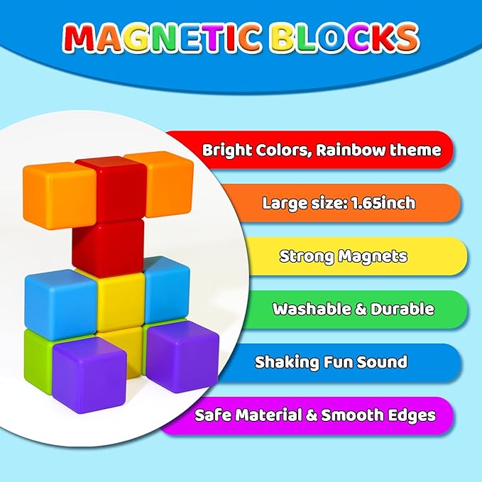 Magnetic Building Blocks Large, 1.65 inch Magnetic Stacking Cubes for Toddlers, Sensory & Montessori Toys for Boys & Girls 1 2 3 Years Old (12 PCS)