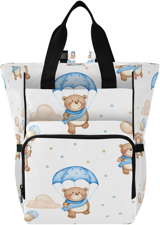 Cozy Bear Motif Diaper Bag Backpack, Unisex Travel Baby Backpack Diaper Bags with Stroller Straps & Pacifier Case, Large Capacity Waterproof Diaper Backpack