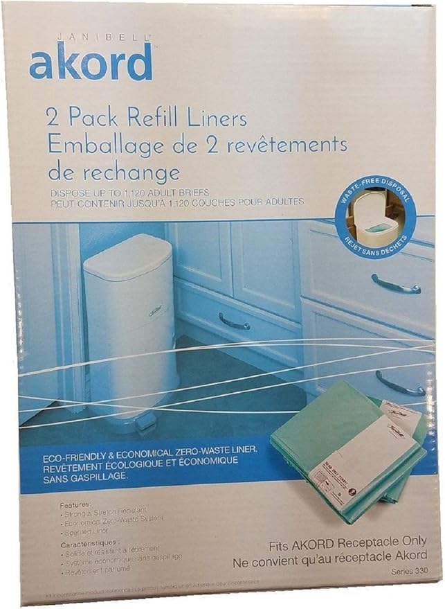 Janibell Akord 330 Adult Diaper Disposal System Refill Liners 2 Count 1 Box of 2 Rolls Continuous Liner Bags with Odor-Locking for Adult Diaper Pail for Seniors Odor Control