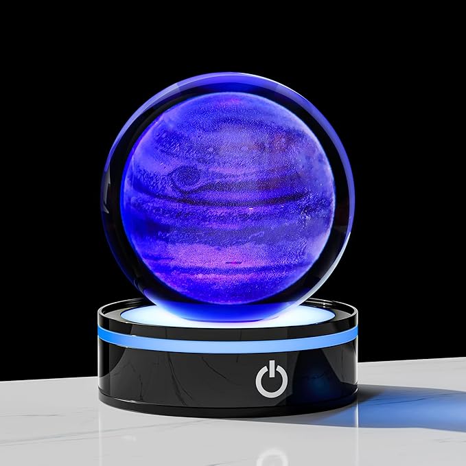 3D Jupiter Model Crystal Ball Led Lamp Base - Space Decor World Globe Planets Sphere Night Light 80mm 3.15 Inch - Solar System Decor Best Birthday Astronomy Gifts for Men Physics Science Teacher