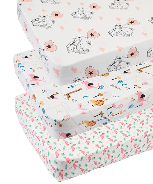 Pack n Play Sheet Stretchy Fitted Portable Mini Crib Sheets Set 3 Pack,Playard Sheets Convertible Playard Mattress Cover,Ultra Soft Jersey Material,Flamingo Elephant & Lion
