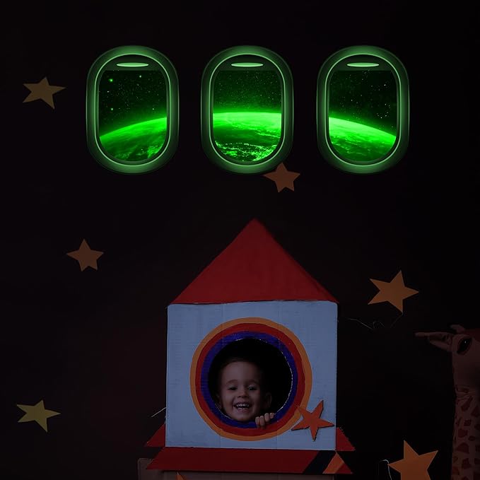 Glow in The Dark 3D Space Wall Decals, Set of 3 Galaxy Window Stickers for Wall, Space Themed Room Decor for Kids Boys (Green)