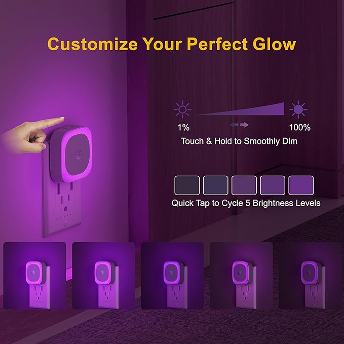2 Pack Plug in Night Light with Motion Sensor & Dusk to Dawn Sensor, 3 Sensor Modes, Purple Night Lights Plug into Wall, Dimmable Calming Glow for Meditation, Relaxation, Bathroom, Bedroom