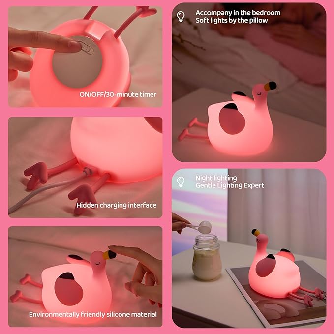 Night Light for Kids, Pink Flamingo Lamp Girls Trendy Gifts, Dimmable Silicone LED Funny Animal Baby Nursery Night Light, Rechargeable Bedside Nightlight Kawaii Pink Decor Toys for Home Bedroom Office