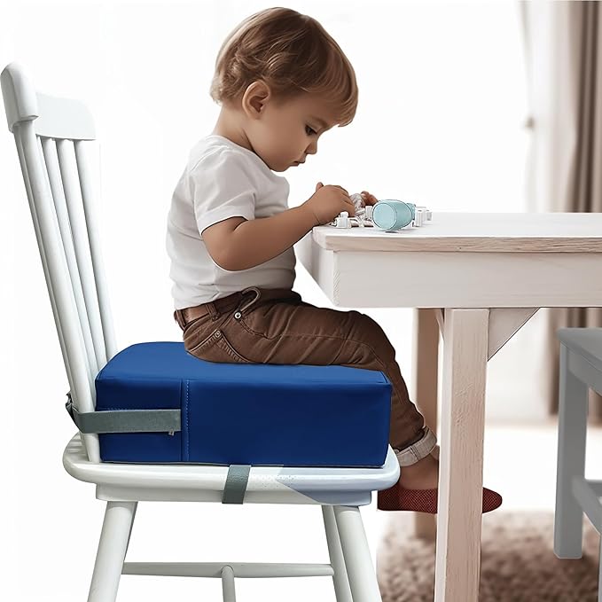 Toddler Booster Seat for Dining Table, 2 Elastic Seat Belts, Anti Scratch PU Skin-Friendly, Waterproof, Anti-Wrinkle, Detachable Non-Slip Bottom - Dark Blue