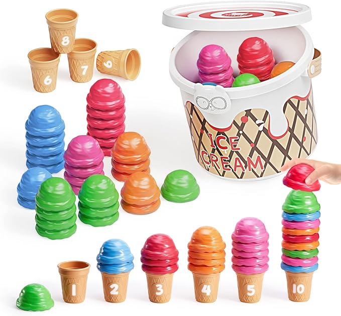 JoyCat Ice Cream Preschool Learning Activities Counting and Color Sorting Set Stacking Toys for Kids 3-5, Educational Fine Motor Skills Toys, 65PCS Math Manipulatives Resources Food Toys