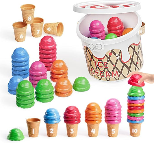 JoyCat Ice Cream Preschool Learning Activities Counting and Color Sorting Set Stacking Toys for Kids 3-5, Educational Fine Motor Skills Toys, 65PCS Math Manipulatives Resources Food Toys