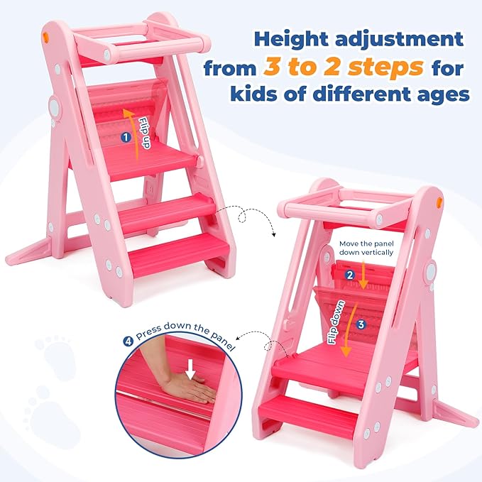 Onasti Toddler Tower Kitchen Stool Helper, Foldable & Adjustable Height Kids Learning Stool for Kitchen Counter Bathroom Sink, Child Ladder for Toddlers with Handles, Safty Rail, Non-Slip Pads - Pink