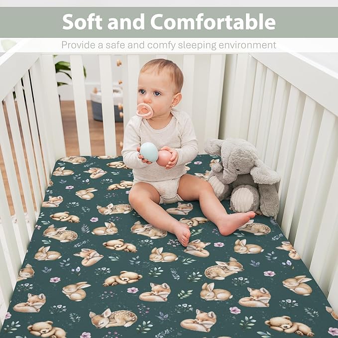 Sleeping Spring Animals Baby Crib Sheets Boy Girl 28"x52" Bear Deer Bunny Floral Leaves Soft Snug Fitted Crib Mattress Cover Cute Animals Baby Sheet for Standard Crib & Toddler Mattress
