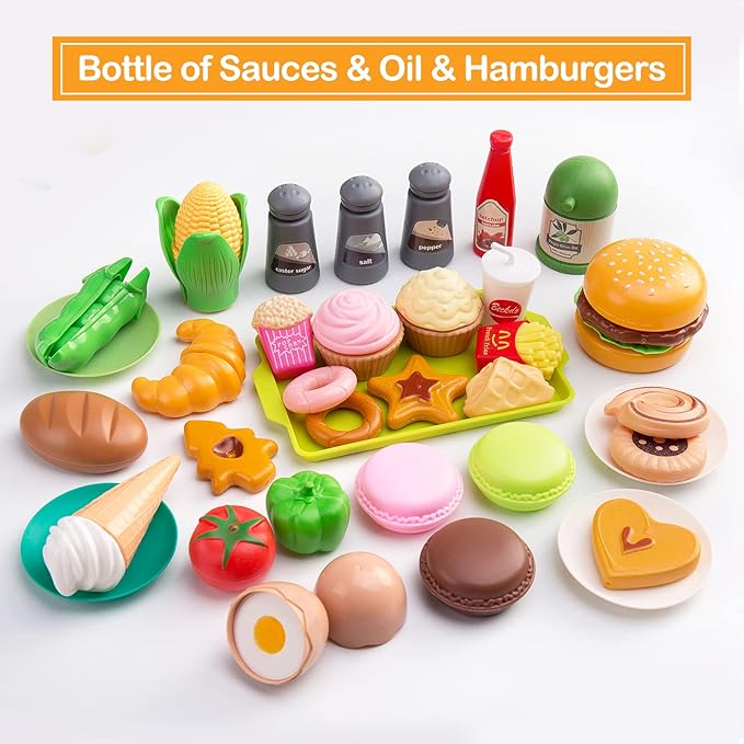 130Pcs Kitchen Playset, Toddler Pretend Cooking Play Pots, Pans, Utensils Cookware, Daily Food Fruit Veges, Shopping Storage Basket, Dessert, Prop Money, Learning Gift for Child (Pink)