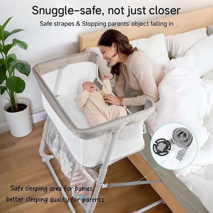 Cowiewie Bassinet Bedside Sleeper,Baby Bassinets Higher Place on Bed,5-Position Adjustment Baby Crib,Breathable 360°All-Around Mesh Sides Bedside Bassinet,Space-Saving Bedside Cribs, Beige