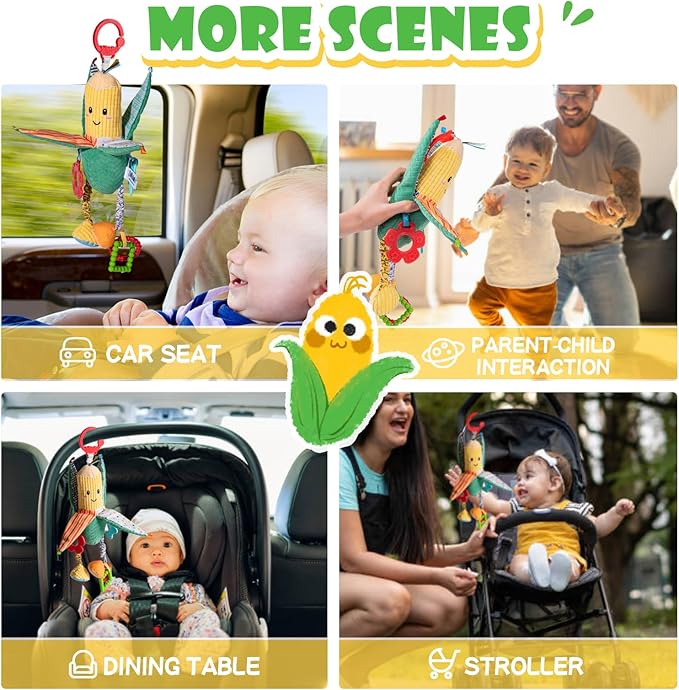 Hanging Rattles Crib & Car Seat Toys for Babies 0-12 Months with Crinkle, Squeaky & Teether, Sensory Corn Soft Stuff Stroller Toys for Newborns, Boys Girls Gifts