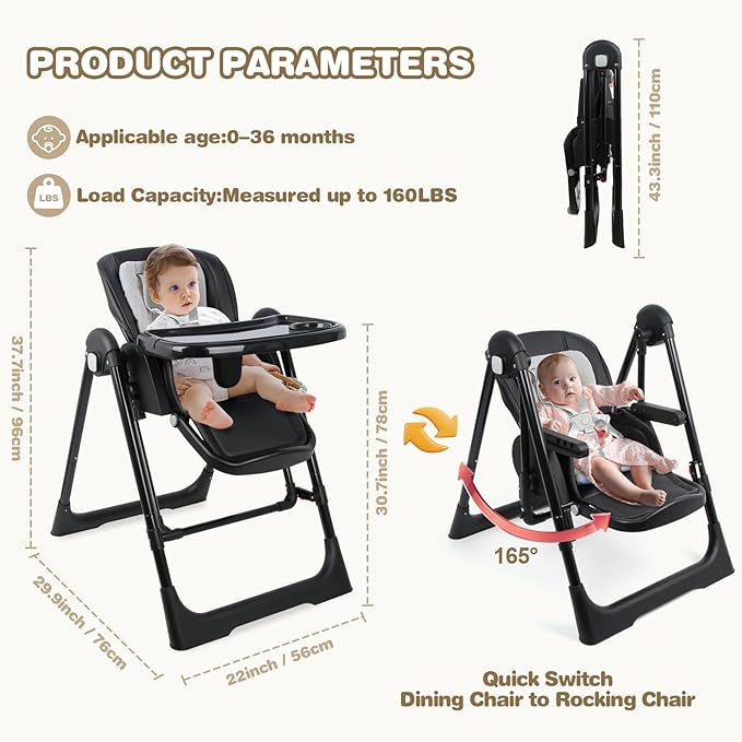 High Chairs for Babies and Toddlers Foldable High Chair Adjustable with Reclining Seat & Leg Rest, 3-in-1 Convertible Baby Swings with Tool-Free Assembly (Black)