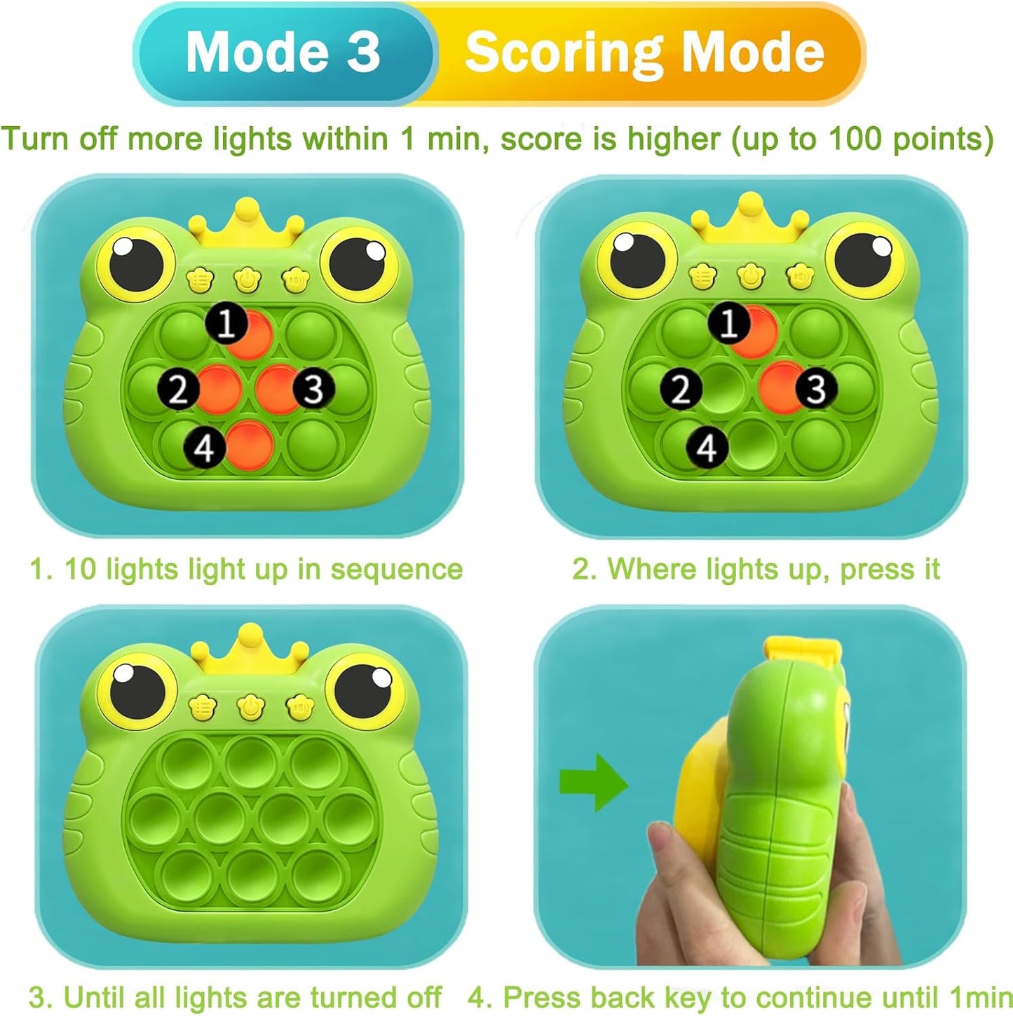 Pop Quick Push Game Console Fidget Toys Light Up Handheld Puzzle Press Popping Toy for Kids Adult Cute Green Frog