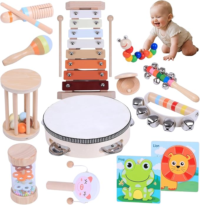15 PCS Baby Musical Instruments Set, Toddler Musical Instruments Montessori Natural Wooden Percussion Instruments Music Toy Set with Wooden Puzzles, CPC Certified Music Toys for Toddlers 1-6