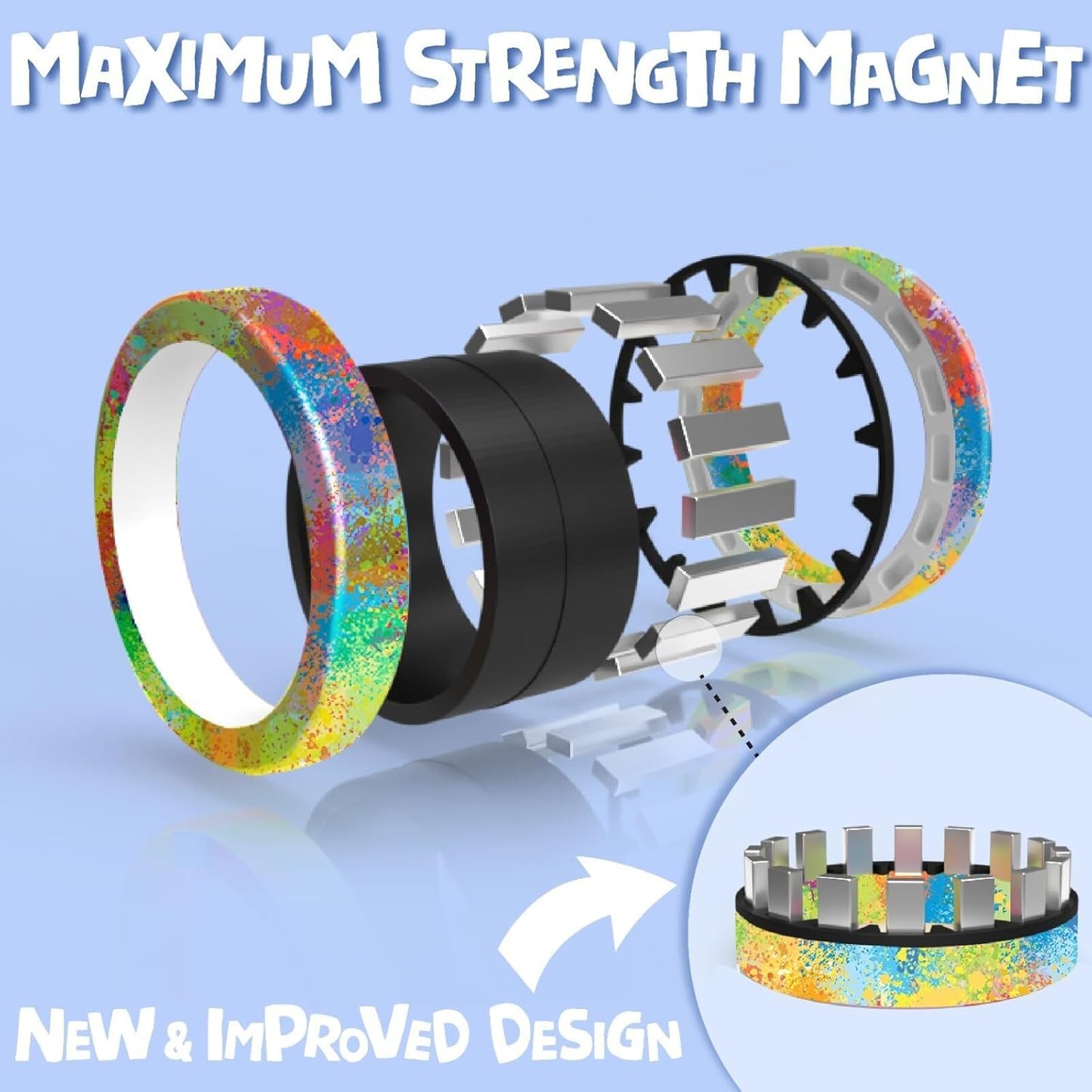 BUNMO Magnetic Rings - Fidget Toys Adults - Magnetic Fidget Rings - Endless Hours of Fun - Spin, Connect & Play - Addictive Fidget Toy for Boys & Girls - Great Teen Gift - Rainbow