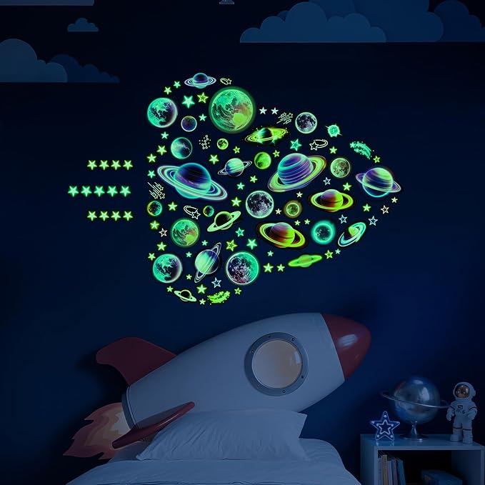 Glow in The Dark Neon Stars and Planets Wall Decals, Fantasy Colorful Space Stars Wall Stickers, Kids Room Space Decor, Ceiling Windows Nursery Living Room Playroom Bedroom Decorations