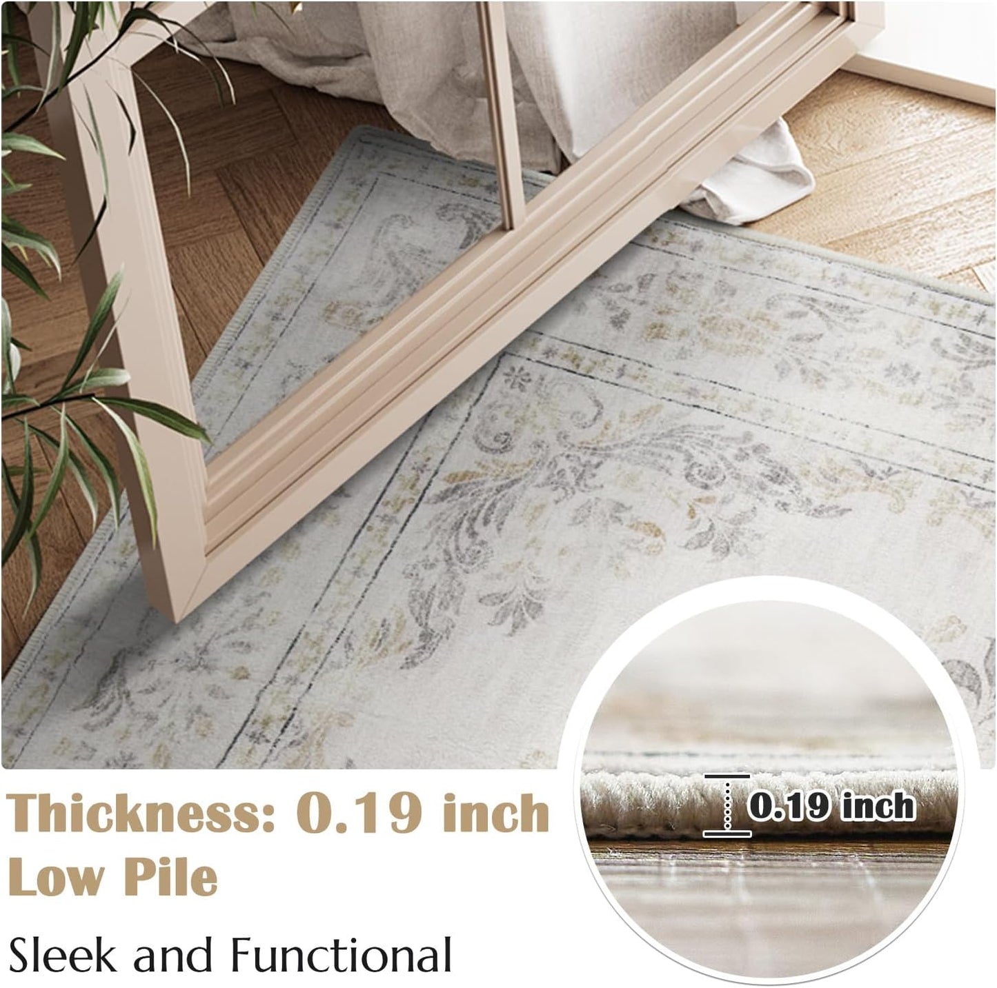 jinchan Hallway Runner Rug 2x8 Vintage Floral Distressed Design - Machine Washable Non-Slip Low-Pile Soft Thin Faux Wool Kitchen Carpet for Farmhouse Bedroom Laundry Room(2x8ft,Light Grey)