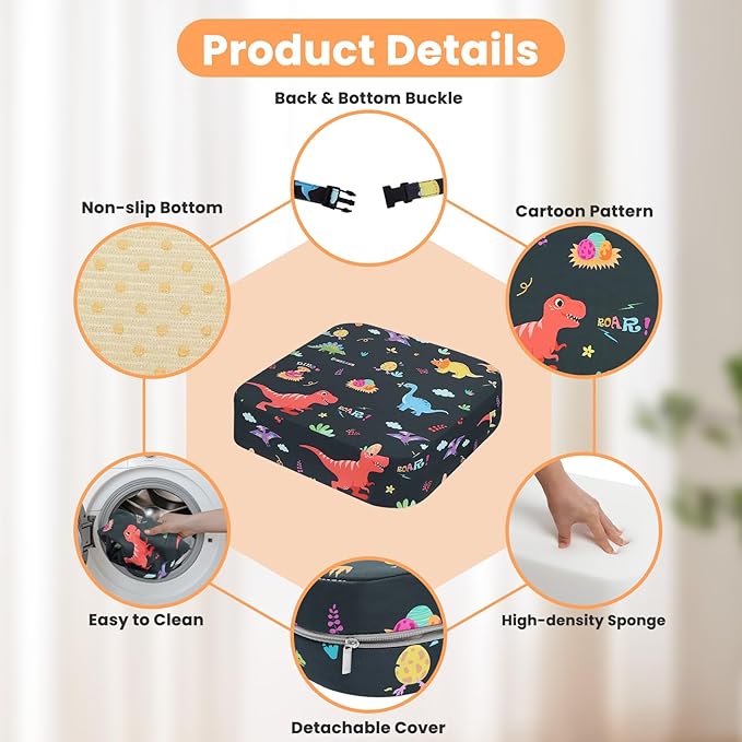 Toddler Booster Seat for Dining Table, Kids Booster Seat for Kitchen Chair with Non-Slip Bottom, Portable Detachable Washable Increasing Cushion with 2 Adjustable Straps (Dinosaur)