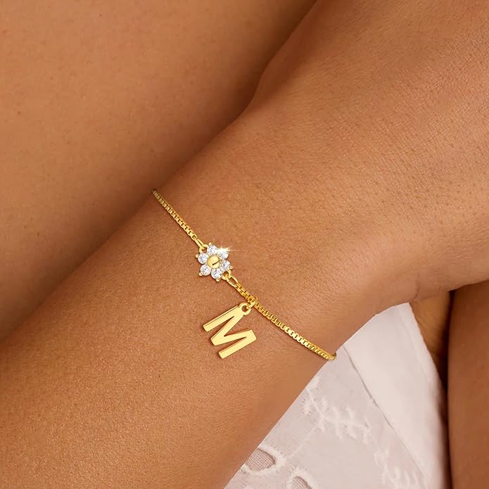 C-leen Gold Initial Bracelets for Women Girls - 18K Gold Plated Flower CZ Initial Bracelet Teen Girl Gifts Trendy Stuff Dainty Gold Bracelets for Women Girls Trendy Jewelry Gifts