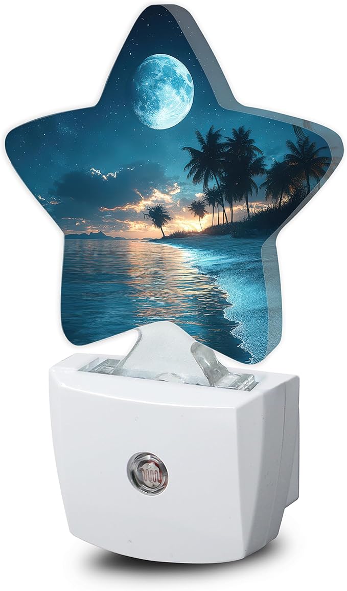 Moon Beach Night Light,Tropical Palm Tree Plug-in Star Night Lights with Dusk-to-Dawn Sensor for Bedroom,Bathroom,Living Room Sleep Friendly Lamp for Women Girls Boys Gift,0.5W