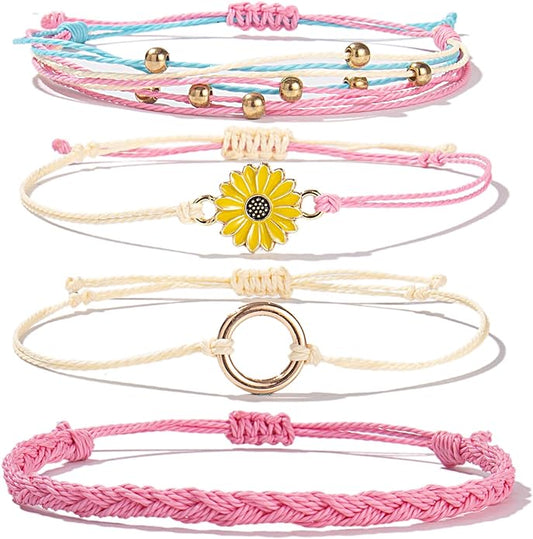 FANCY SHINY Sunflower String Bracelet Boho Braided Rope Wrap Bracelets Cute Summer Beach Surfer Jewelry for Women Christmas Gifts