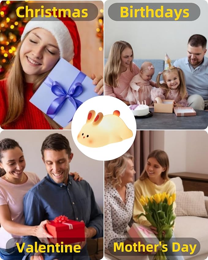 Big Face Rabbit Night Light, Cute Bunny Gifts, Silicone Squishy Rabbit Lamp, Rechargeable Dimmable Animal Nightlight, Baby Night Light for Nursery Breastfeeding Bedroom Living Room