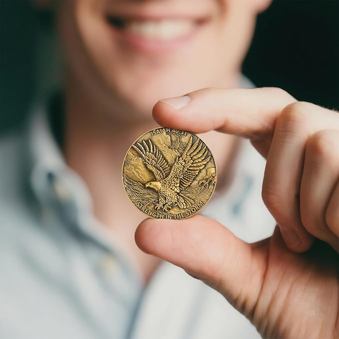 1.57 Inch Zinc Alloy Double-Sided 3D Eagle Challenge Coin - Inspirational Design with Isaiah 40:31 Engraving, Strength in The Storm Theme