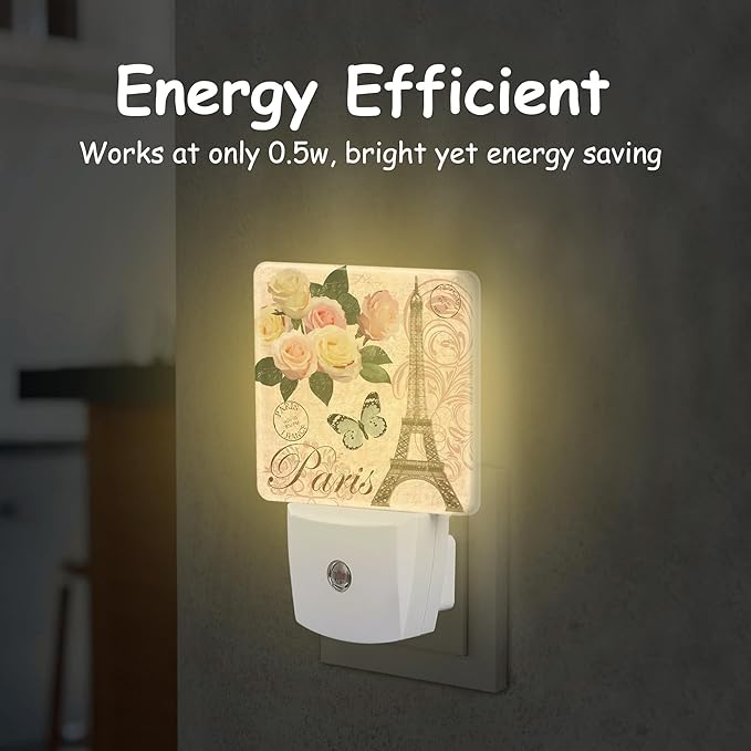 Vintage Paris Night Light Plug Wall,Floral Butterfly LED Night Lights with Dusk to Dawn Light Sensor for Women Girls Boys Room Decor,Hallway,Kitchen,Bathroom,Nursery,Stairs