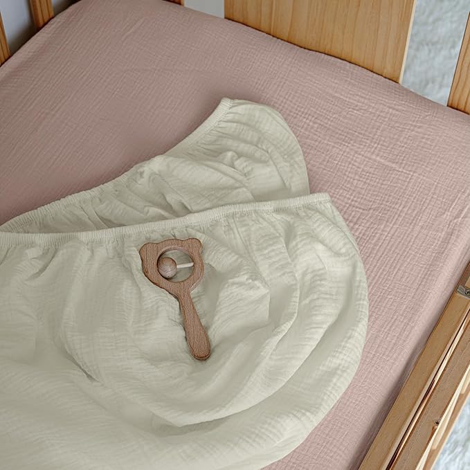 Muslin Mini Crib Sheets, 2 Pack for Baby Boy and Girl, Soft Breathable Stretchy Baby Pack N Play Mattress and Mini Cribs Sheet, Universal Fitted Portable/Mini Crib Mattresses (Gentle Colors)