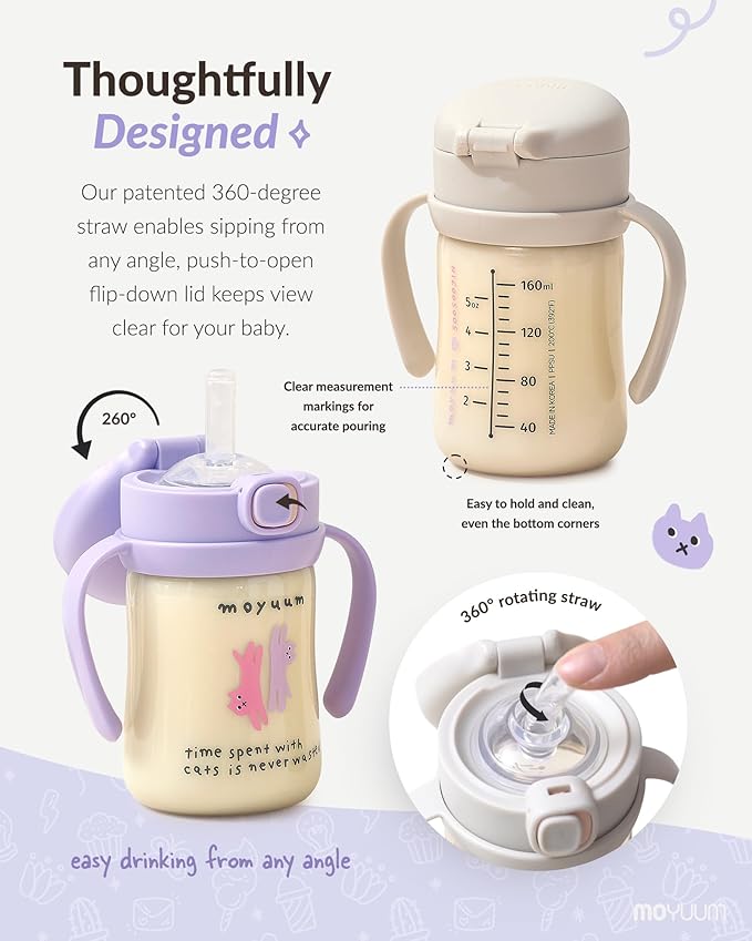 MOYUUM Leak Proof Sippy Cup with Handle | Made in Korea, 100% BPA Free PPSU, Magic No Spill Straw Cup with Attached Flip Top Lid, Easy to Hold for Babies and Toddlers, 6oz Purple