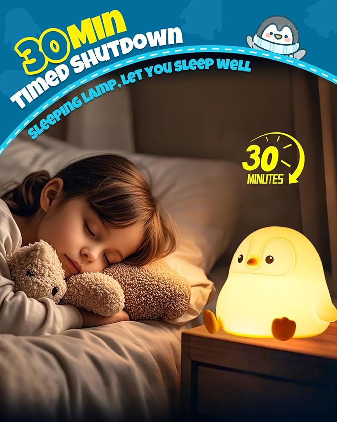 Cute Penguin Night Light, Animal Lamp, Food Grade Silicone, Rechargeable, 2 Level Dimmable, Squishy Nursery Nightlight for Desk Decor, Funny Gifts Stuff for Boys Girls Baby, White Elephant Gifts