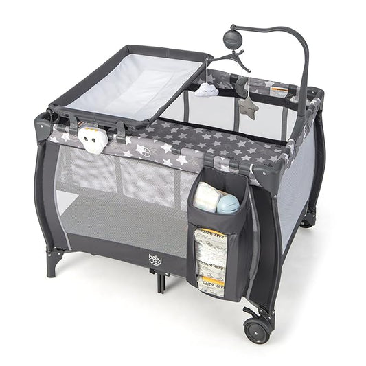 Costzon 3 in 1 Pack and Play with Bassinet, Portable Baby Playard with Changing Table, Music Box, Whirling Toys, Wheels/Brake, Basket, Bag, Foldable Infant Bassinet for Baby Toddlers Indoor Outdoor