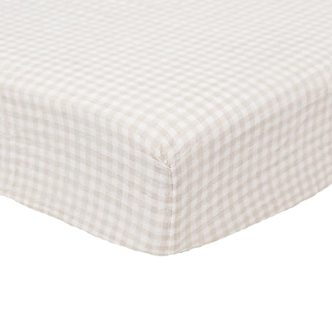 Little Unicorn Premium Crib Sheet | Breathable & Super-Soft Muslin Fabric (Tan Gingham)