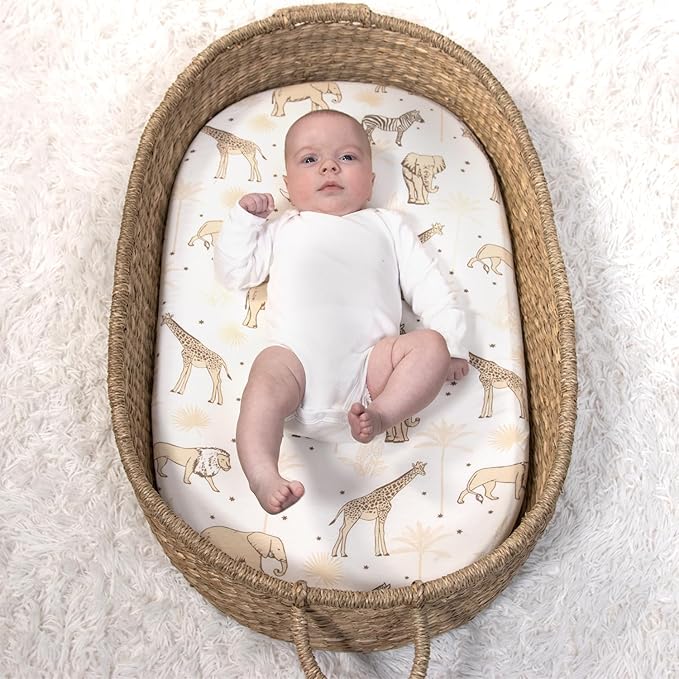 The Peanutshell Baby Organic Bassinet Sheets 4-Pack Boy or Girl - Ultra Soft & Rectangle Baby Sheet, 100% Jersey Cotton, Fitted Covers for Crib, Halo Bassinet Mattress - Caramel Safari