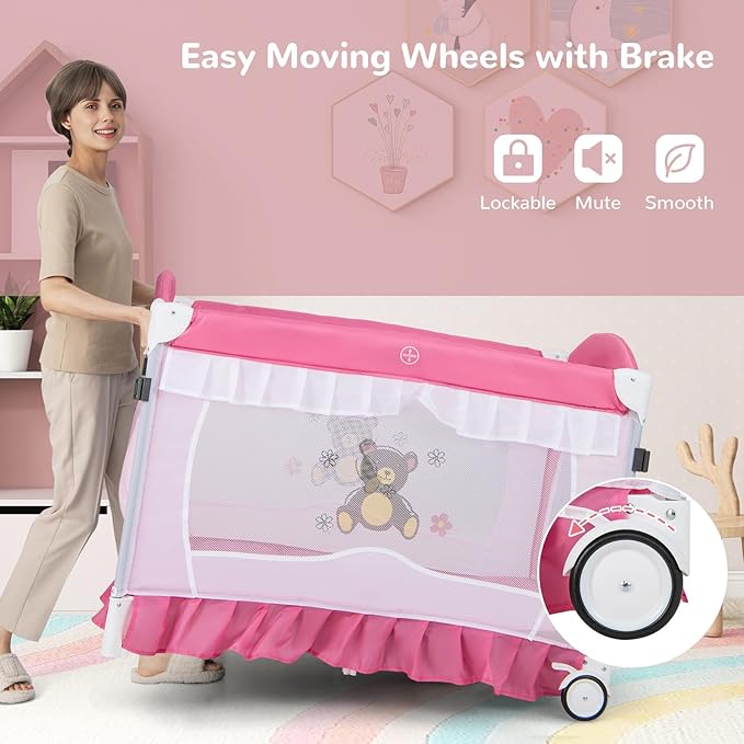 HONEY JOY 4-in-1 Pack and Play with Canopy, Portable Baby Playard w/Changing Table and Infant Bassinet, Cute Toys & Music, Foldable Bassinet for Newborn and Toddler (Hot Pink)