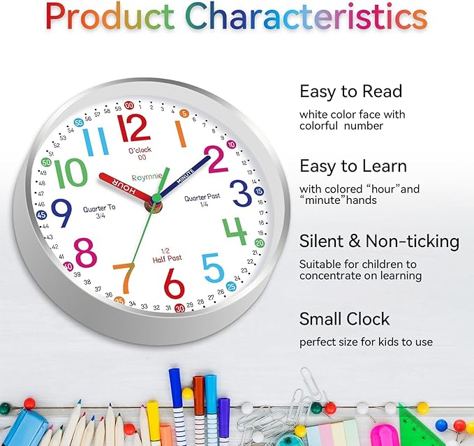 14 Inch Wall Clock for Kids Learning to Tell Time, Modern Silent Battery Operated Teaching Clock, Ideal Gift for Kids Room School