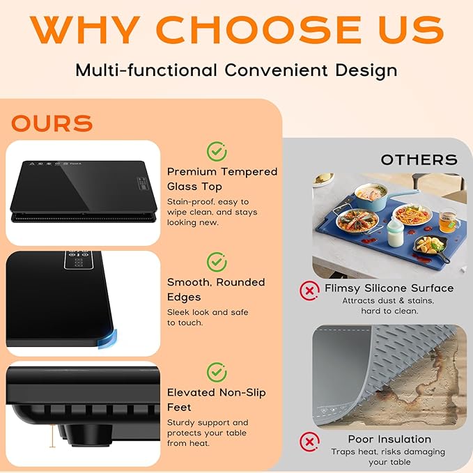 Electric Warming Mat for Food 32" x 12", Tempered Glass Top,Food Warmer Tray for Countertop, Parties Buffet,Gatherings,Adjustable 104–212°F with 1–12h Timer,Built-in Thermostat & Overheat Protection