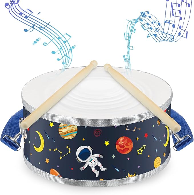 Boao 1 PC Kids Drum Set, 8 Inch Toddler Drum Wooden Toy with Adjustable Strap and 2 Drumsticks, Educational Sensory Musical Instrument for Toddlers Kid Baby Boys Girls Gift(Space)