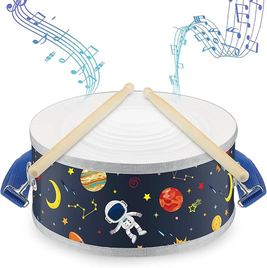 Boao 1 PC Kids Drum Set, 8 Inch Toddler Drum Wooden Toy with Adjustable Strap and 2 Drumsticks, Educational Sensory Musical Instrument for Toddlers Kid Baby Boys Girls Gift(Space)