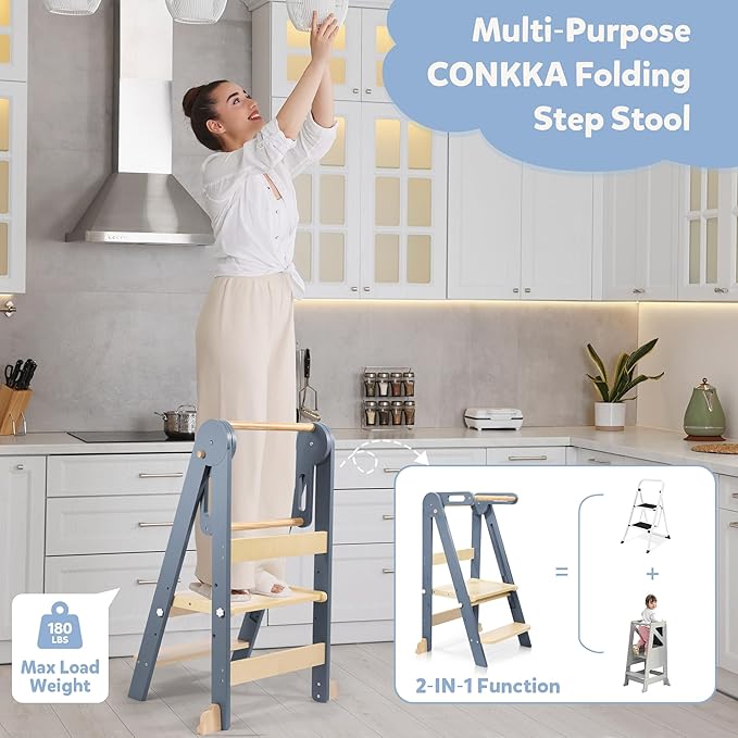 Foldable Toddler Kitchen Wood Step Stool with Hook, Pre-Assembled Wooden Folding Montessori Learning Helper for Kids, Folding Standing Tower with 3 Adjustable Height Step for Counter Sink-Gray