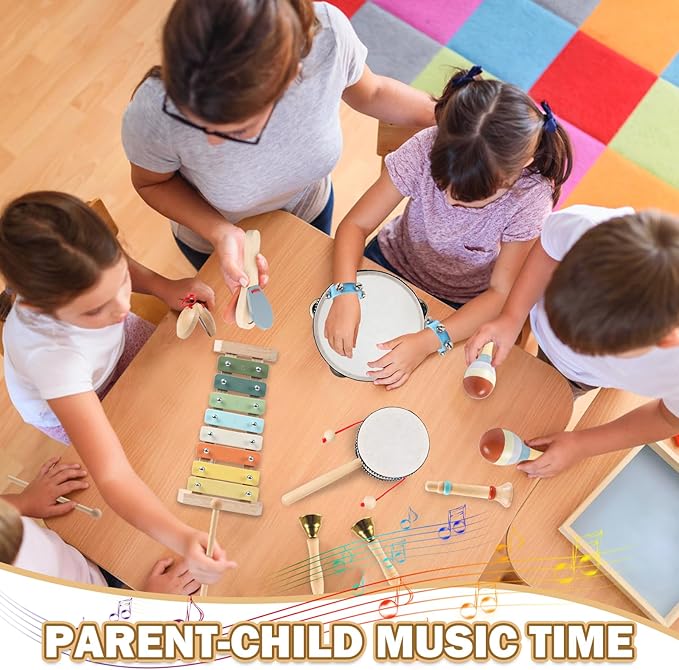 11 in 1 Baby Musical Instruments-Montessori Wooden Toys for Toddlers 1-3, Neutral Colors Percussion Instruments with Modern Boho Xylophone for Kids Preschool Educational 3+ with Storage Bag